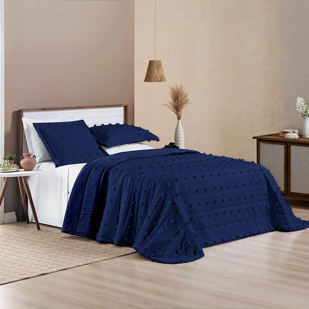Cobre Leito Colcha Queen Pompom 3 Peças Marinho - 100% Poliéster - 2