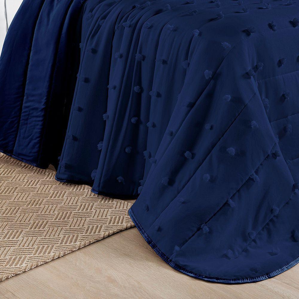 Cobre Leito Colcha Queen Pompom 3 Peças Marinho - 100% Poliéster - 3