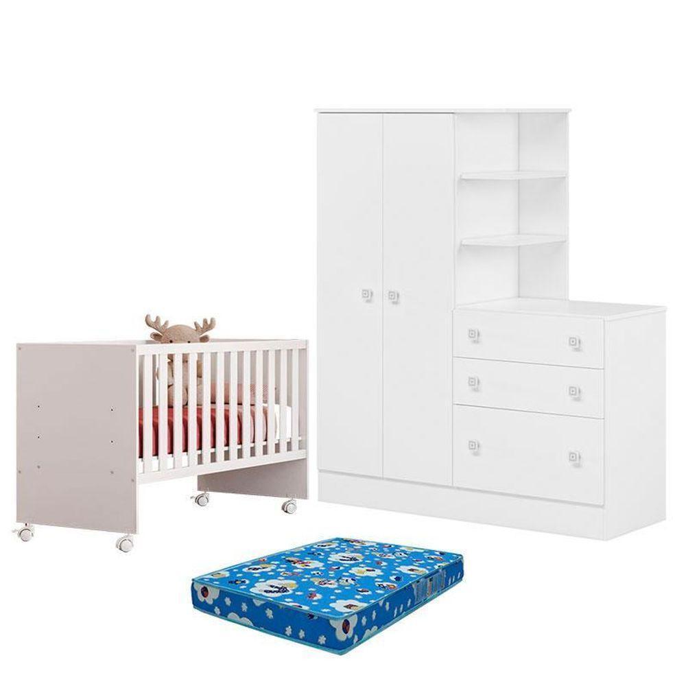 Berço Nacional 3540 E Guarda Roupa Com Cômoda 4070 Doce Sonho Branco Brilho E Colchão Tend Tudo – Qmovi - 1
