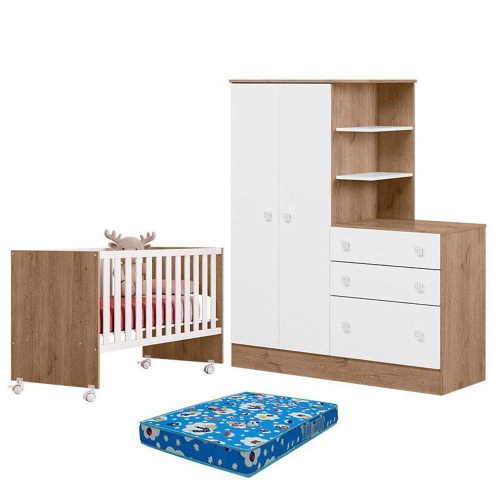 Berço Nacional 3540 E Guarda Roupa Com Cômoda 4070 Doce Sonho Carvalho Rústico Toq Branco E Colchão Tendtudo – Qmovi - 1