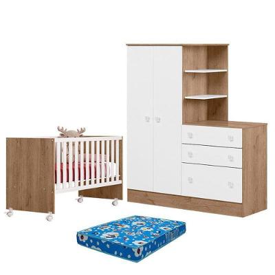 Berço Nacional 3540 E Guarda Roupa Com Cômoda 4070 Doce Sonho Carvalho Rústico Toq Branco E Colchão Tendtudo – Qmovi