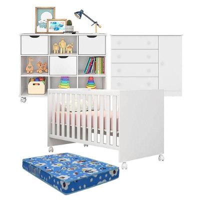 Berço Americano Doce Sonho 100 MDP com Colchão e Cômoda Nicho Organizador 3 Gavetas Branco
