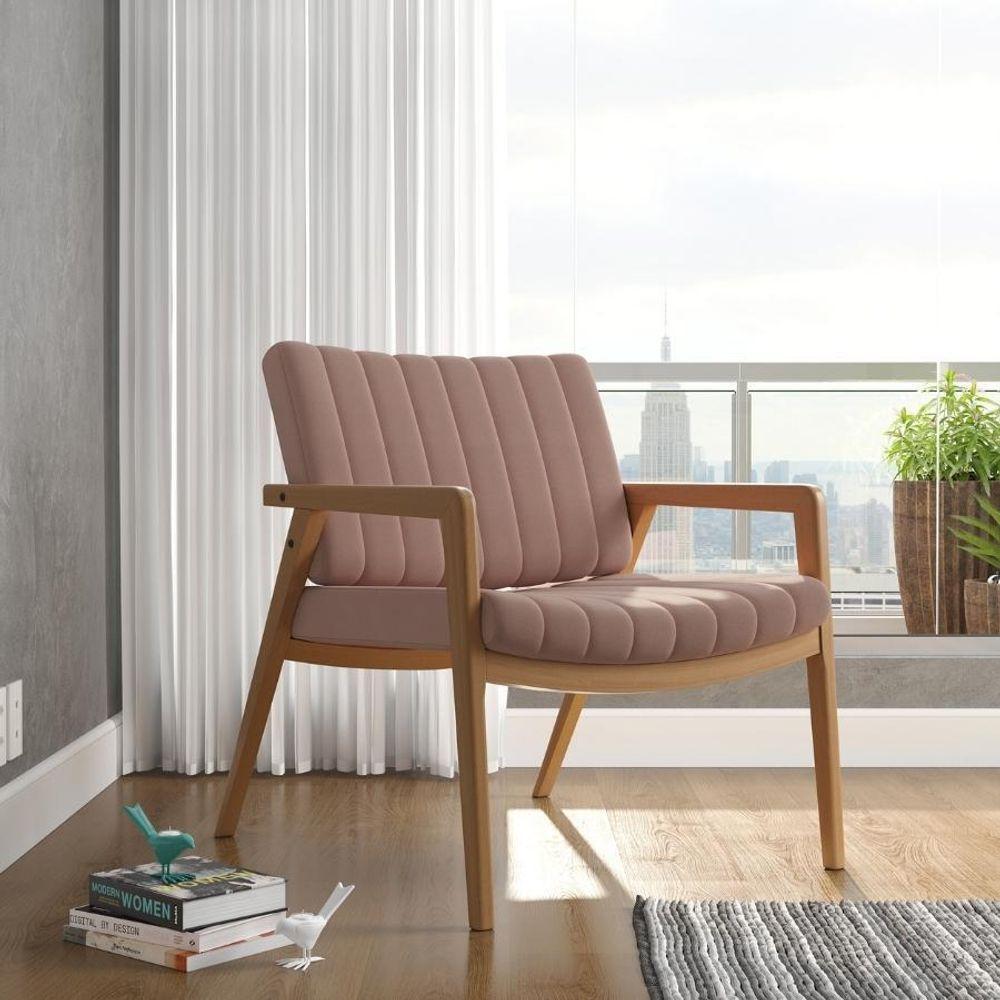 Poltrona Decorativa Uxuá Escritório Recepção Linho Rosê Pés De Madeira - 1
