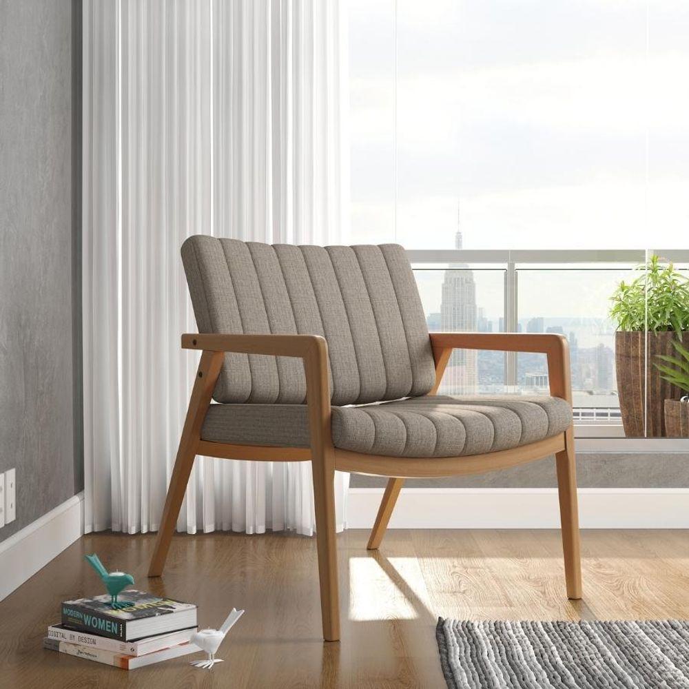 Poltrona Decorativa Uxuá Escritório Recepção Linho Marrom Pés De Madeira - 1