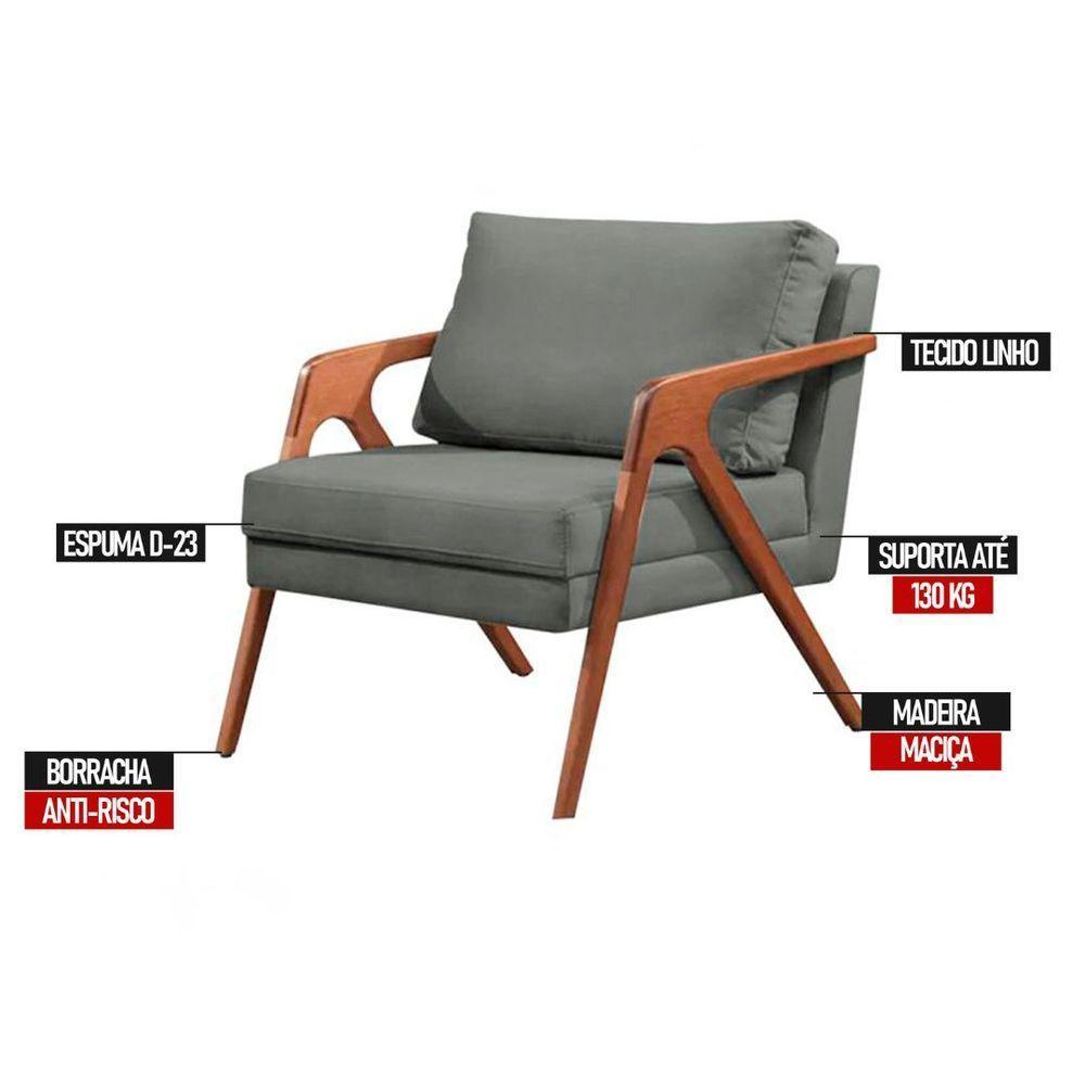 Poltrona Mona Linho Cinza Sofisticado Sala Pé Madeira Maciça - 3