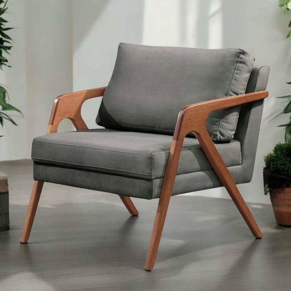 Poltrona Mona Linho Cinza Sofisticado Sala Pé Madeira Maciça - 4