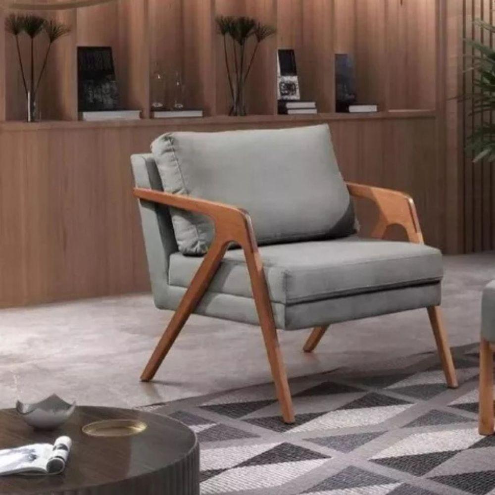 Poltrona Mona Linho Cinza Sofisticado Sala Pé Madeira Maciça - 6