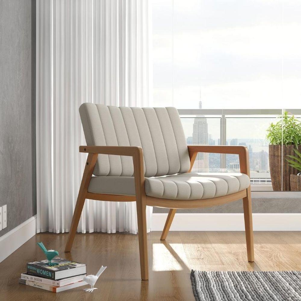 Poltrona Decorativa Uxuá Escritório Recepção Linho Areia Pés De Madeira - 1