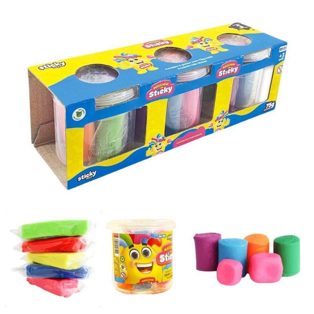 03 Pote De Massinha Com 5 Cores Vibrantes Atóxico 225 Gramas - 1