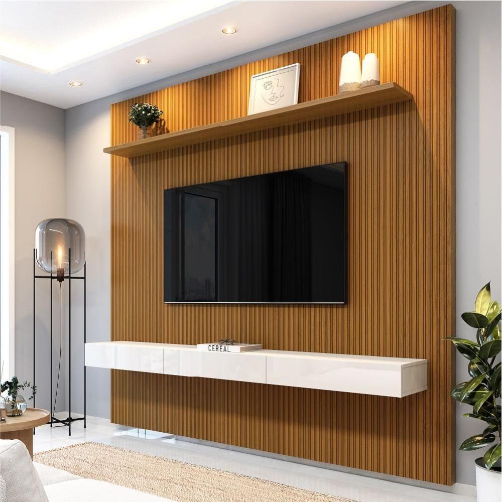 Painel Para Tv Até 75 Polegadas Ripado Impressão 3D Egeo Com Nicho 2,25M Cedro Off White Edn Cedro - 7