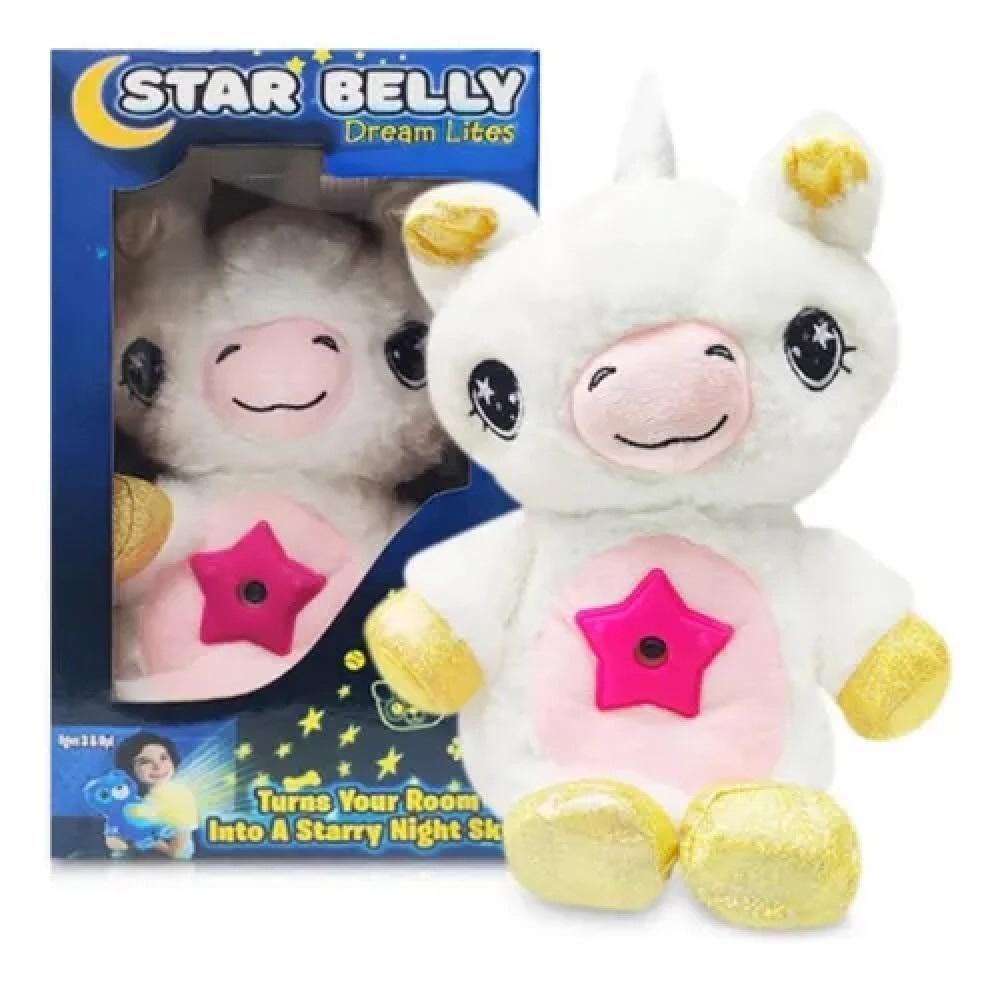 Urso De Pelucia Com Projetor De Estrelas Noite Iluminada Unicornio Musical Luz Noturna Criança Bebe Meninas Branco - 1