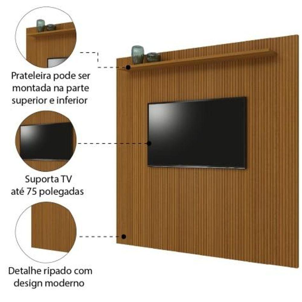 Painel Para TV Até 75 Polegadas Ripado Impressão 3D Egeo Com Prateleira 2,25m Cedro - 2