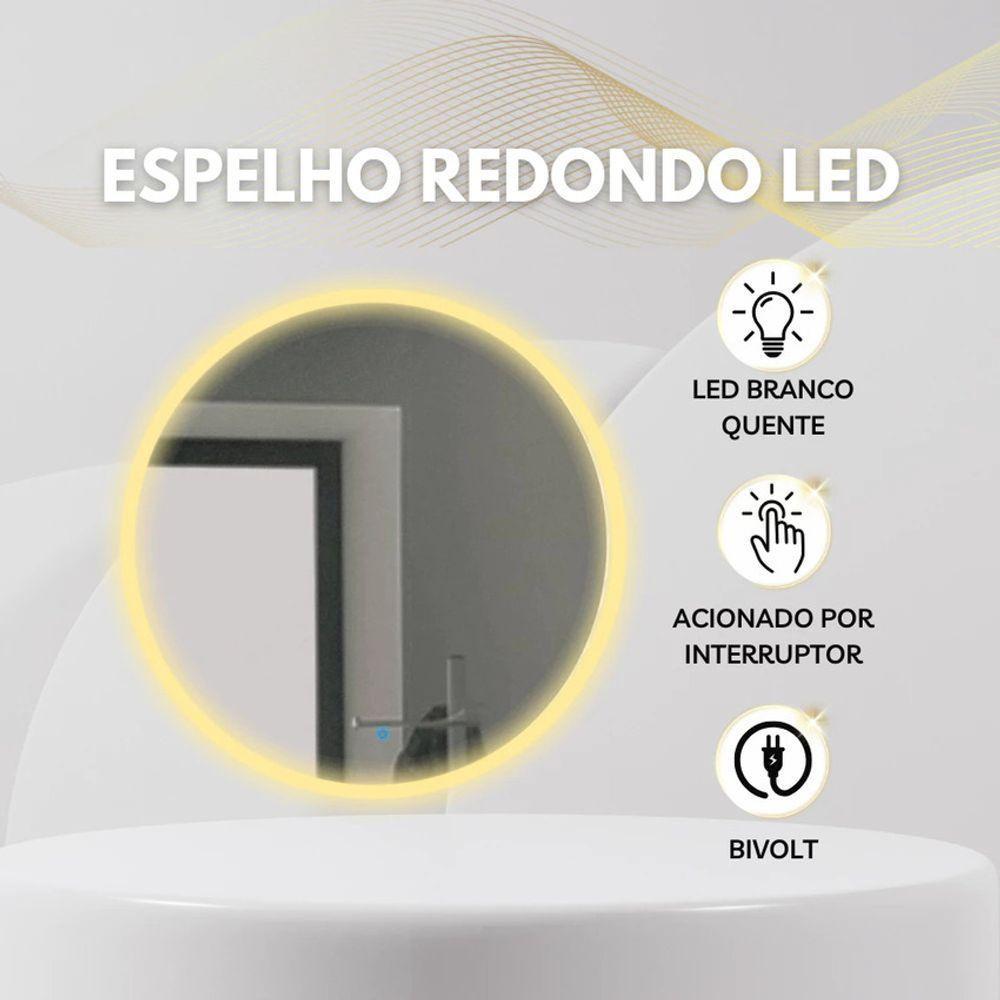 Espelho Decorativo Redondo LED Branco Frio Ou Quente Com Suporte Branco Quente - 6