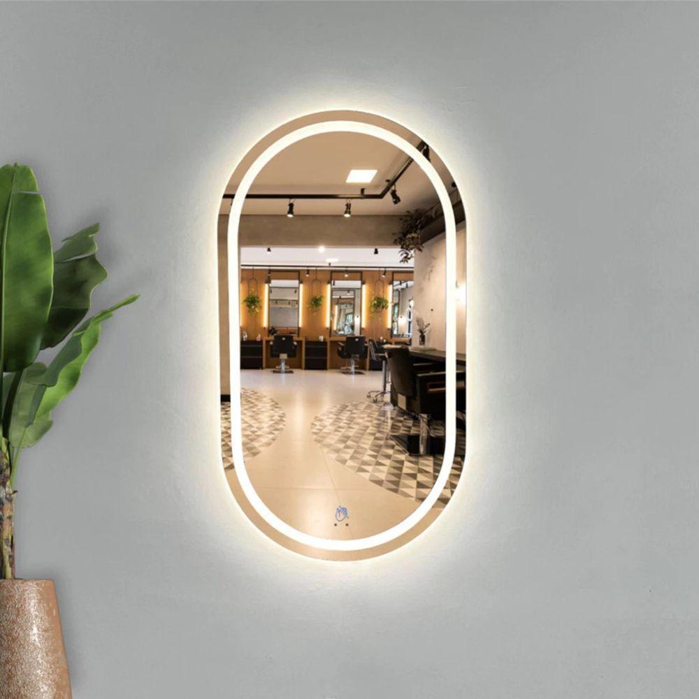 Espelho Jateado 1,10x60cm 3 Tons De LED e Sensor De Movimento Decoração Camarim Lavabo Grande Modelos Oval - 1