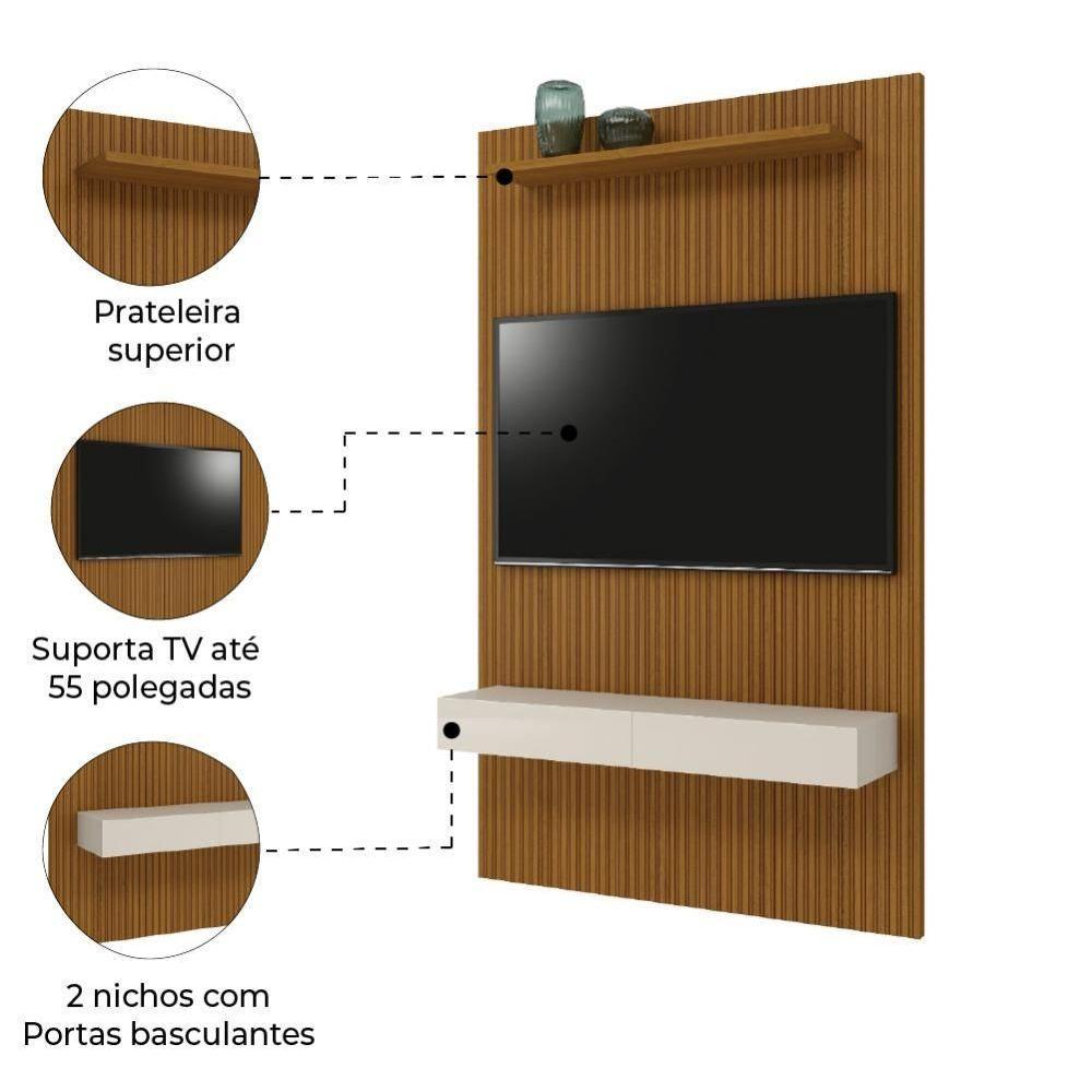 Painel Para Tv Até 55 Polegadas Ripado Impressão 3d Egeo Com Nicho 1,35m Cedro Off White Edn Cedro - 3