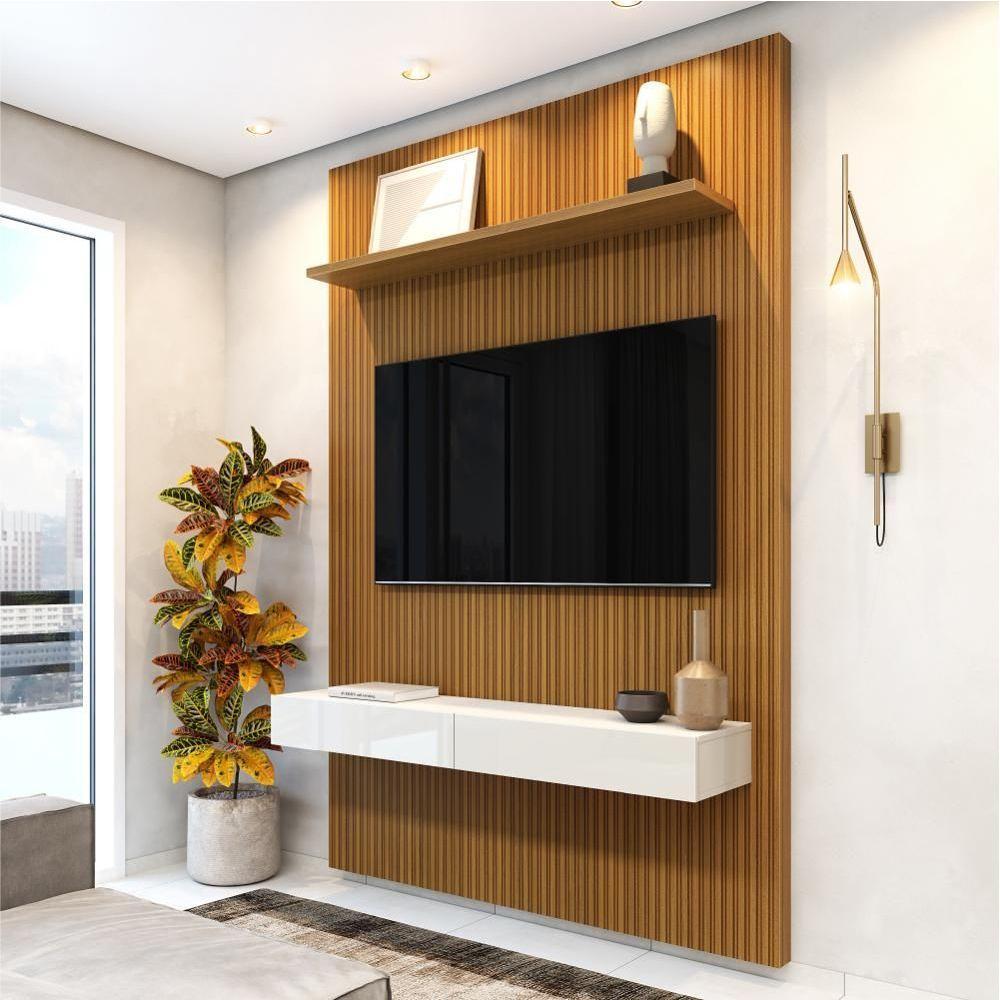 Painel Para Tv Até 55 Polegadas Ripado Impressão 3d Egeo Com Nicho 1,35m Cedro Off White Edn Cedro - 5