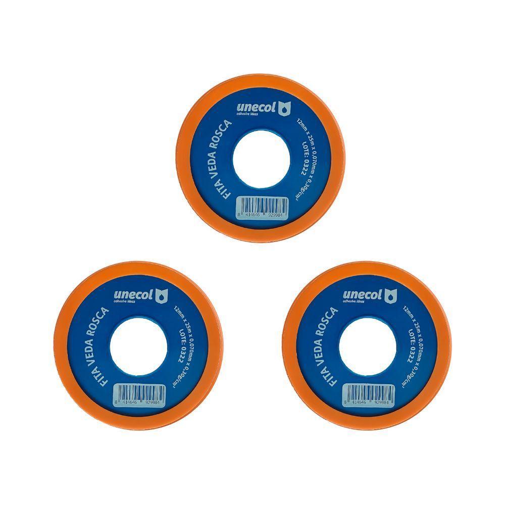 Kit 3 Fitas Veda Rosca 12mm 50 Metros Vedação Hidráulica Canos Torneiras Teflon - 1