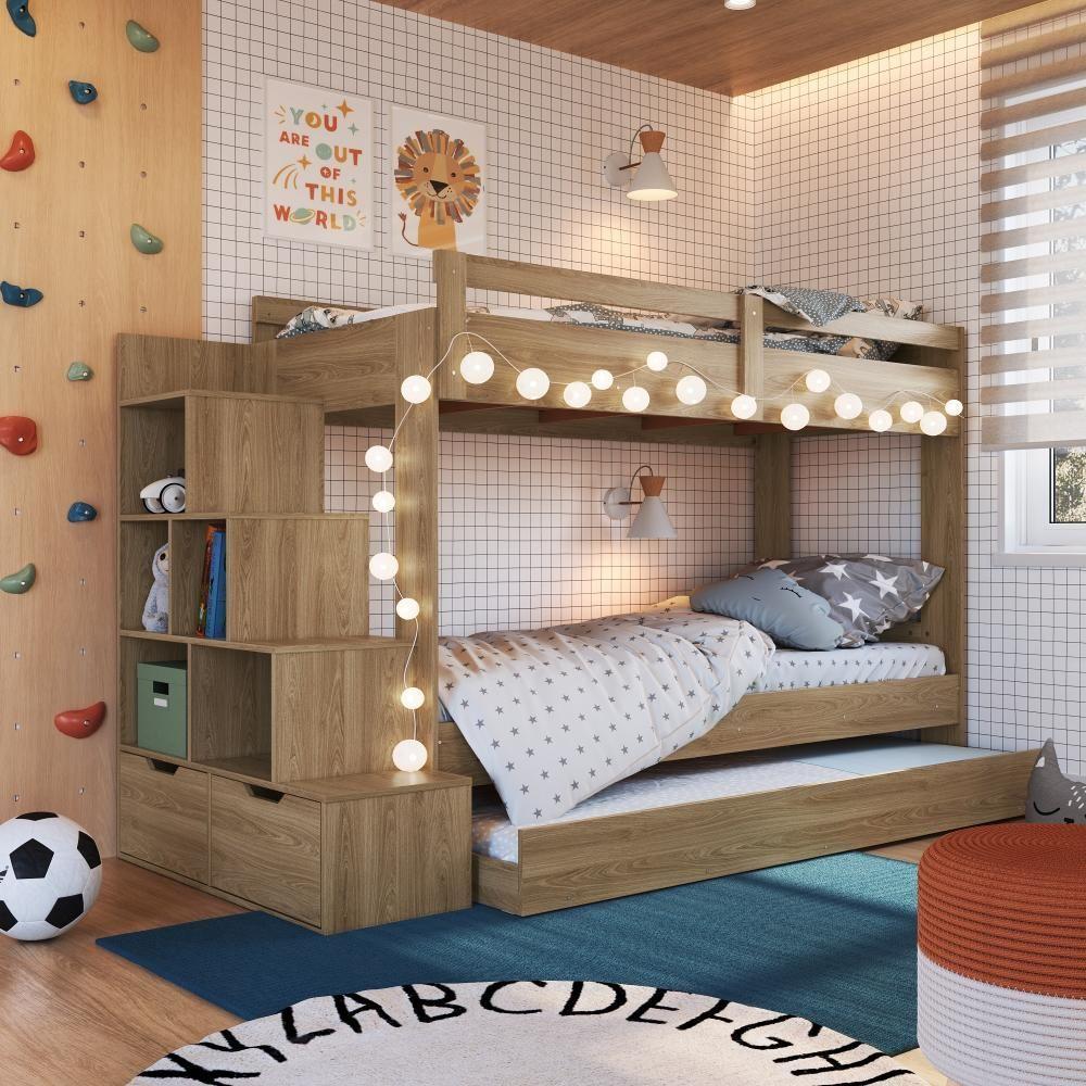 Cama Treliche Infantil Bicama Menino Menina 2,32m Com Escada, Nichos E Gavetas Aveiro Oak - 1