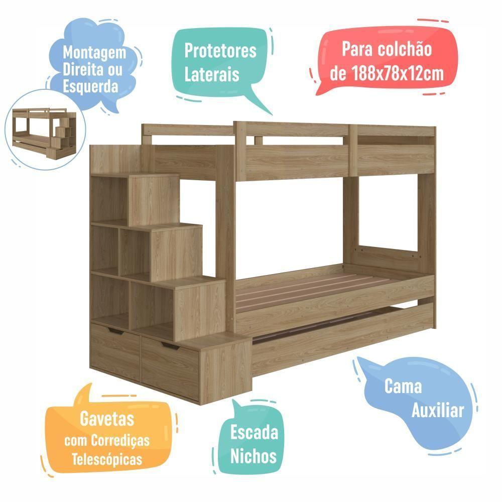 Cama Treliche Infantil Bicama Menino Menina 2,32m Com Escada, Nichos E Gavetas Aveiro Oak - 4