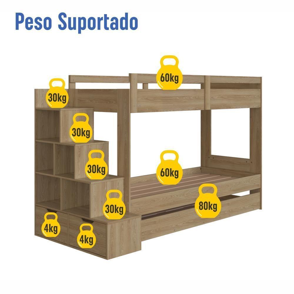 Cama Treliche Infantil Bicama Menino Menina 2,32m Com Escada, Nichos E Gavetas Aveiro Oak - 5