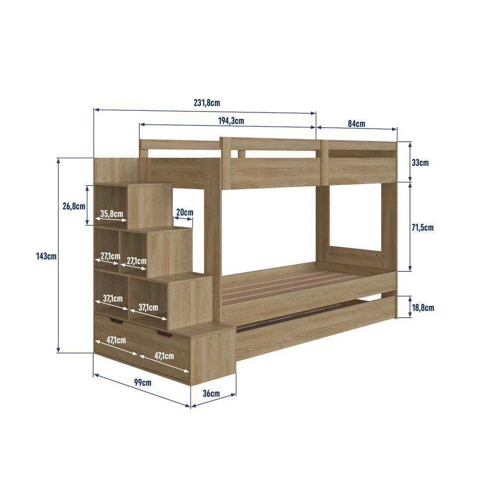 Cama Treliche Infantil Bicama Menino Menina 2,32m Com Escada, Nichos E Gavetas Aveiro Oak - 6