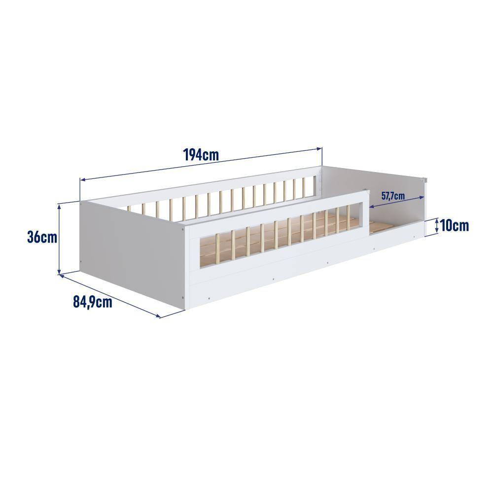 Cama Infantil De Chão Montessoriana Menino E Menina Solteiro 194cm Com Grade Proteção Branco - 6