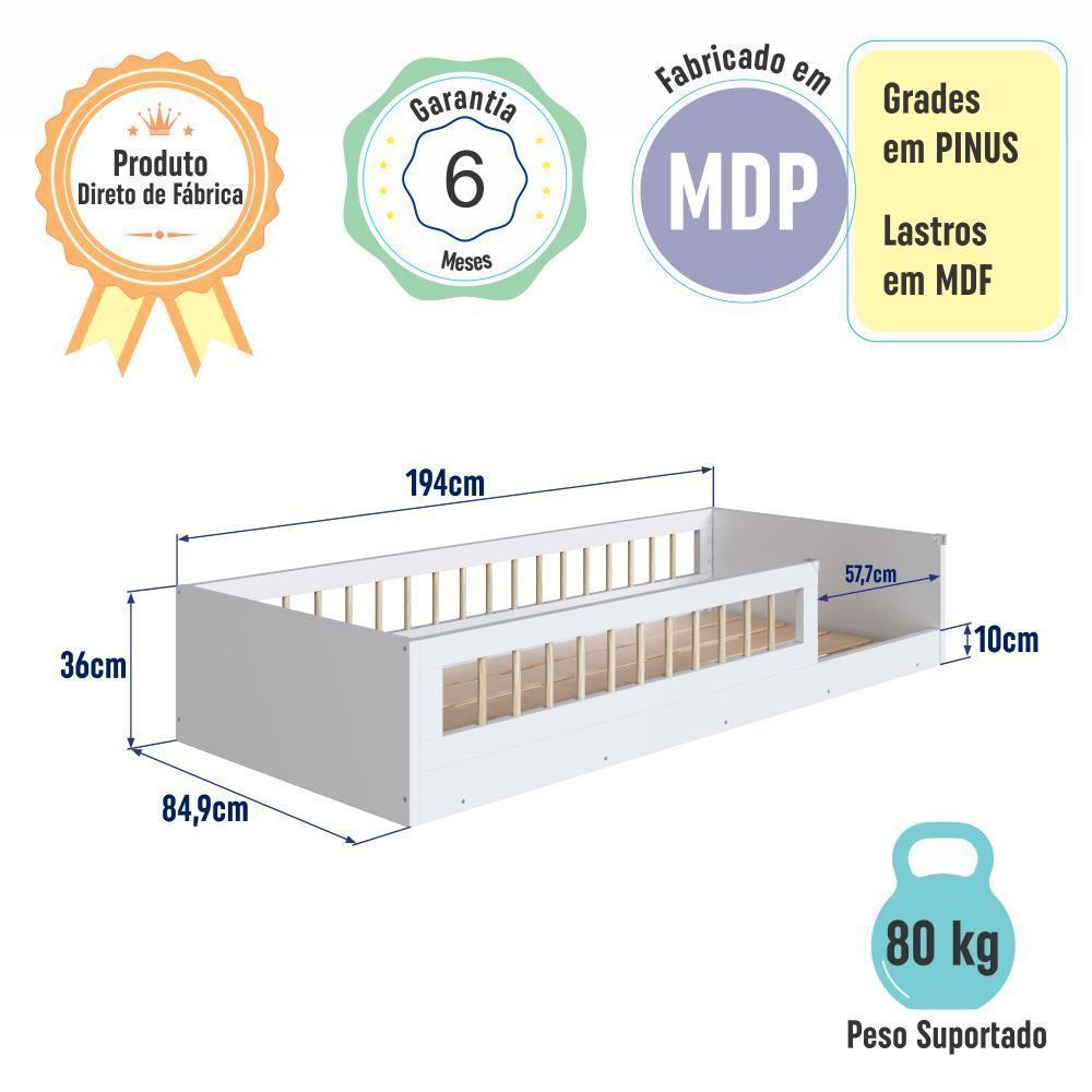 Cama Infantil De Chão Montessoriana Menino E Menina Solteiro 194cm Com Grade Proteção Branco - 8