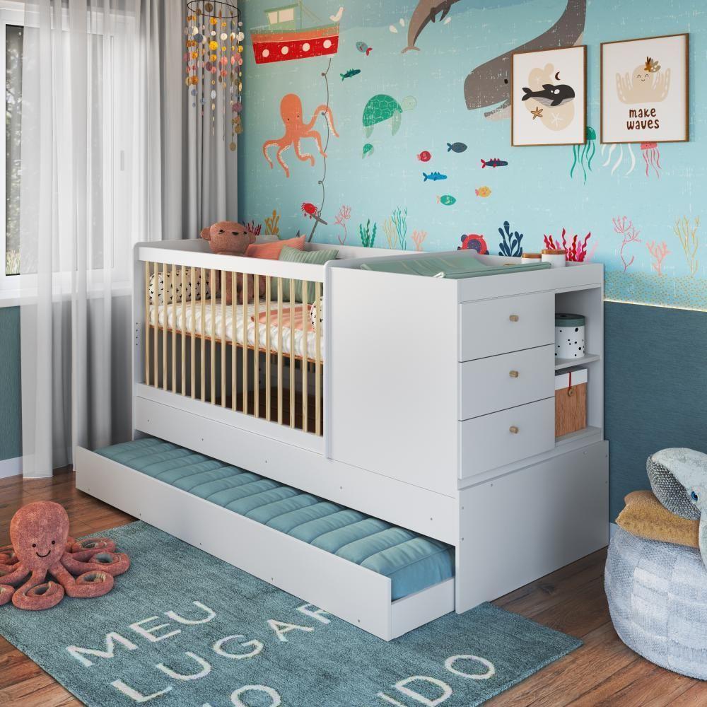 Berço Infantil Multifuncional Menino Menina 194cm Com Cômoda, Trocador E Cama Auxiliar Branco - 1
