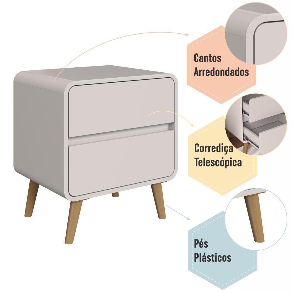 Mesa De Cabeceira Canto Curvo Com 02 Gavetas E Pés Palito Retrô Bege Dunas - 5