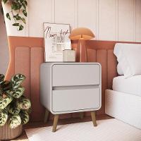 Mesa De Cabeceira Canto Curvo Com 02 Gavetas E Pés Palito Retrô Bege Dunas - 1