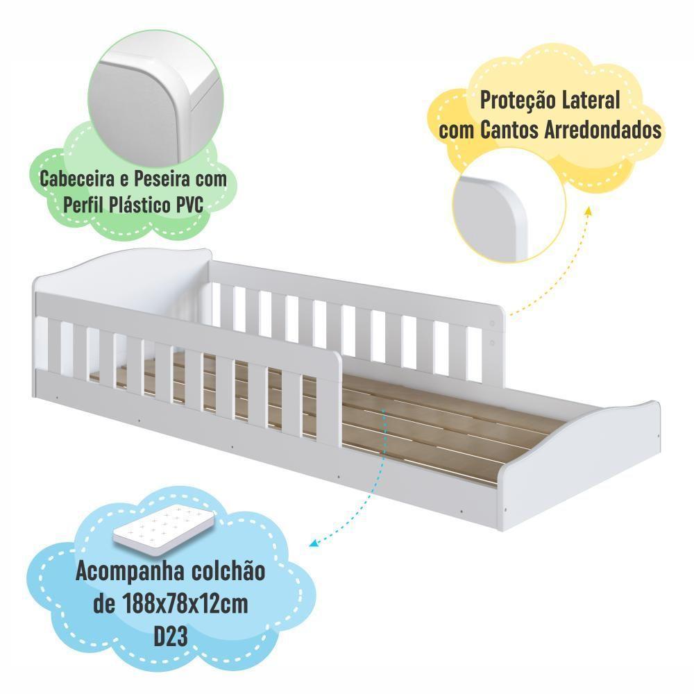 Cama Infantil De Chão Montessoriana De Solteiro Menino Menina Com Colchão E Grade Proteção Branco - 4