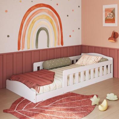 Cama Infantil De Chão Montessoriana De Solteiro Menino Menina Com Colchão E Grade Proteção Branco