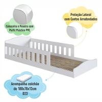 Cama Infantil De Chão Montessoriana De Solteiro Menino Menina Com Colchão E Grade Proteção Branco