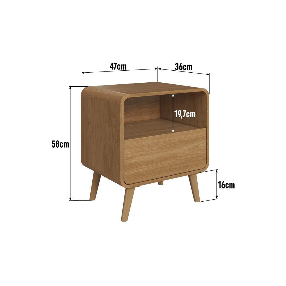 Kit Conjunto 02 Mesas De Cabeceira Canto Curvo Com Nicho 01 Gaveta E Pés Palito Retrô Carvalho Xingu - 5