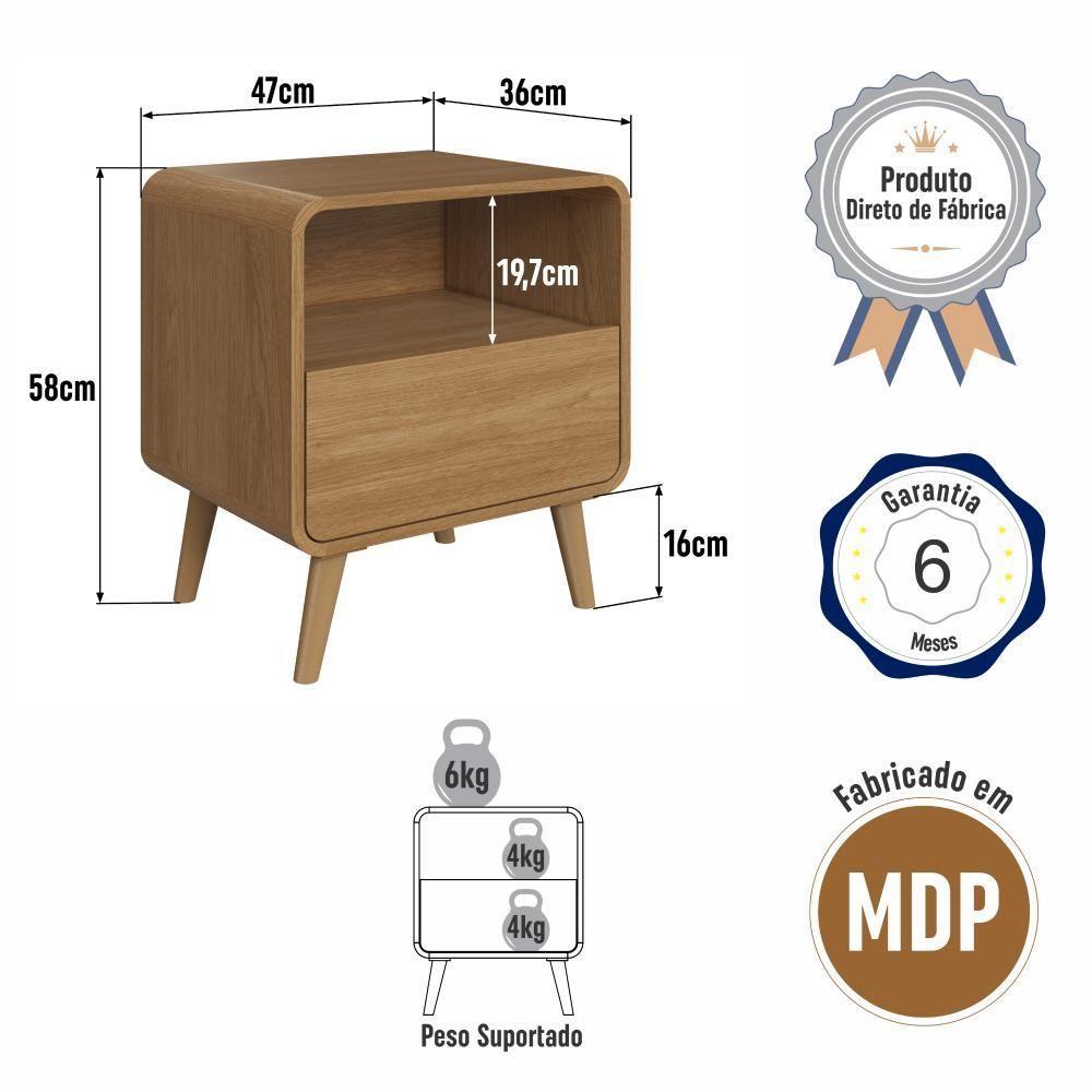 Kit Conjunto 02 Mesas De Cabeceira Canto Curvo Com Nicho 01 Gaveta E Pés Palito Retrô Carvalho Xingu - 7