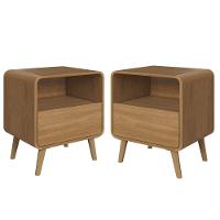 Kit Conjunto 02 Mesas De Cabeceira Canto Curvo Com Nicho 01 Gaveta E Pés Palito Retrô Carvalho Xingu - 1