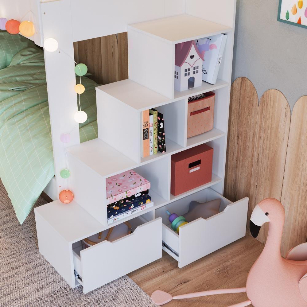 Cama Treliche Infantil Bicama Menino Menina 2,32m Com Escada, Nichos E Gavetas Branco - 3