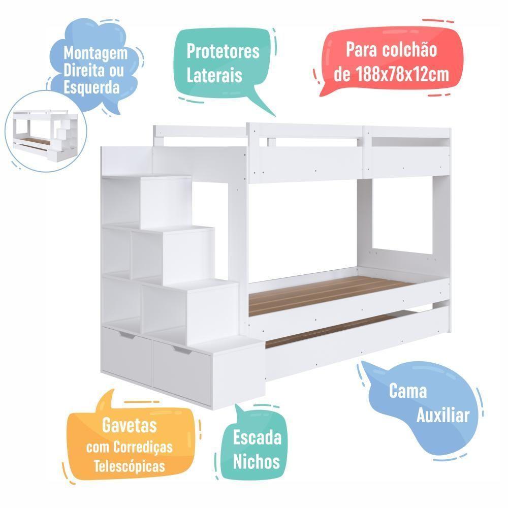 Cama Treliche Infantil Bicama Menino Menina 2,32m Com Escada, Nichos E Gavetas Branco - 4