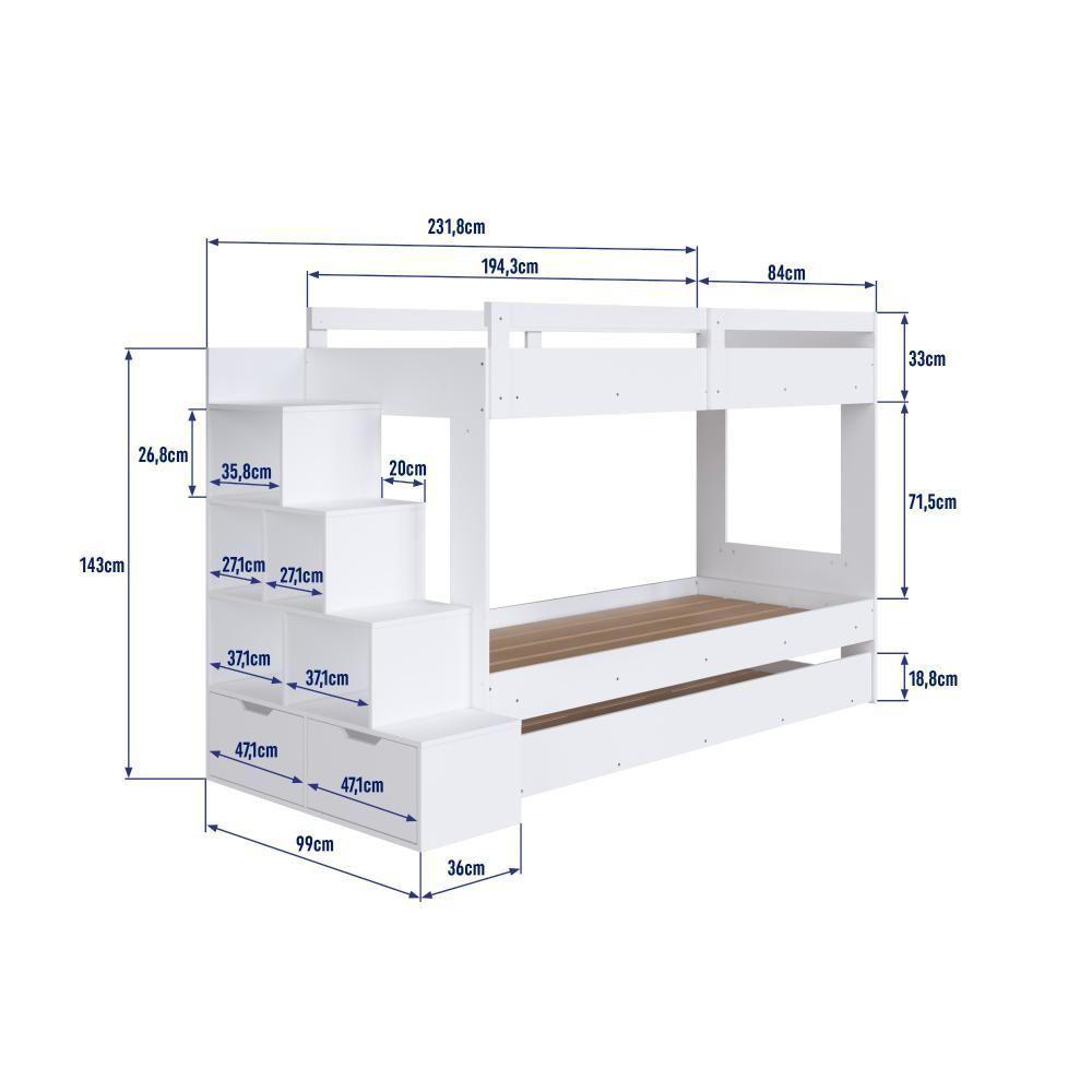 Cama Treliche Infantil Bicama Menino Menina 2,32m Com Escada, Nichos E Gavetas Branco - 6