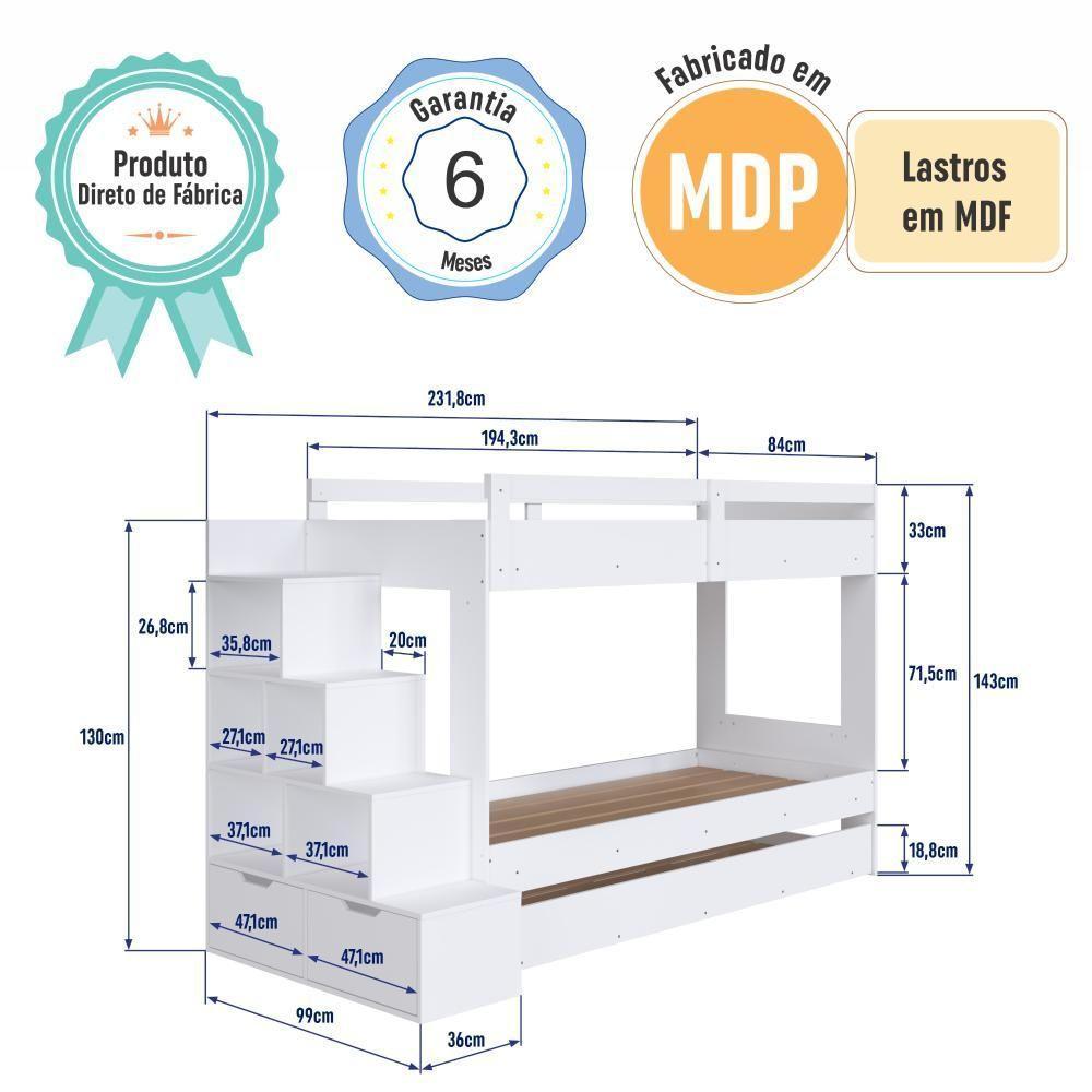 Cama Treliche Infantil Bicama Menino Menina 2,32m Com Escada, Nichos E Gavetas Branco - 7