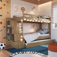 Cama Treliche Infantil Bicama Menino Menina 2,32m Com Escada, Nichos E Gavetas Aveiro Oak - 1