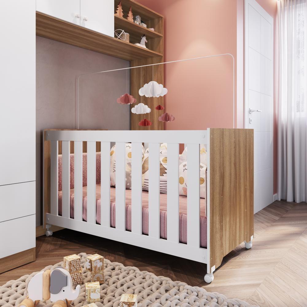 Berço Infantil Simples Com Rodas, Colchão, Regulagem De Altura E Grade Mdf 133cm Nogal Com Branco - 1