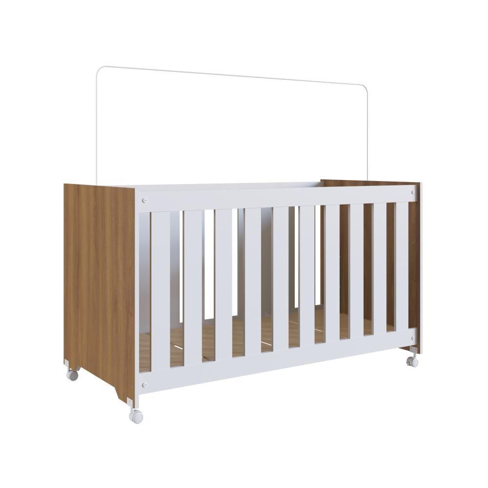 Berço Infantil Simples Com Rodas, Colchão, Regulagem De Altura E Grade Mdf 133cm Nogal Com Branco - 2