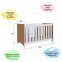 Berço Infantil Simples Com Rodas, Colchão, Regulagem De Altura E Grade Mdf 133cm Nogal Com Branco - 3