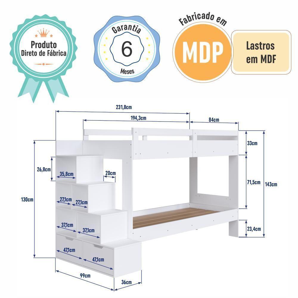 Cama Beliche Infantil Bicama Menino Menina 2,32m Com Escada, Nichos E Gavetas Branco - 8
