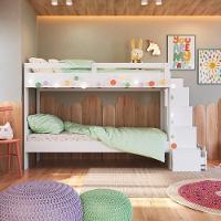 Cama Beliche Infantil Bicama Menino Menina 2,32m Com Escada, Nichos E Gavetas Branco - 2