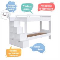 Cama Beliche Infantil Bicama Menino Menina 2,32m Com Escada, Nichos E Gavetas Branco - 5