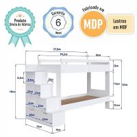 Cama Beliche Infantil Bicama Menino Menina 2,32m Com Escada, Nichos E Gavetas Branco - 8