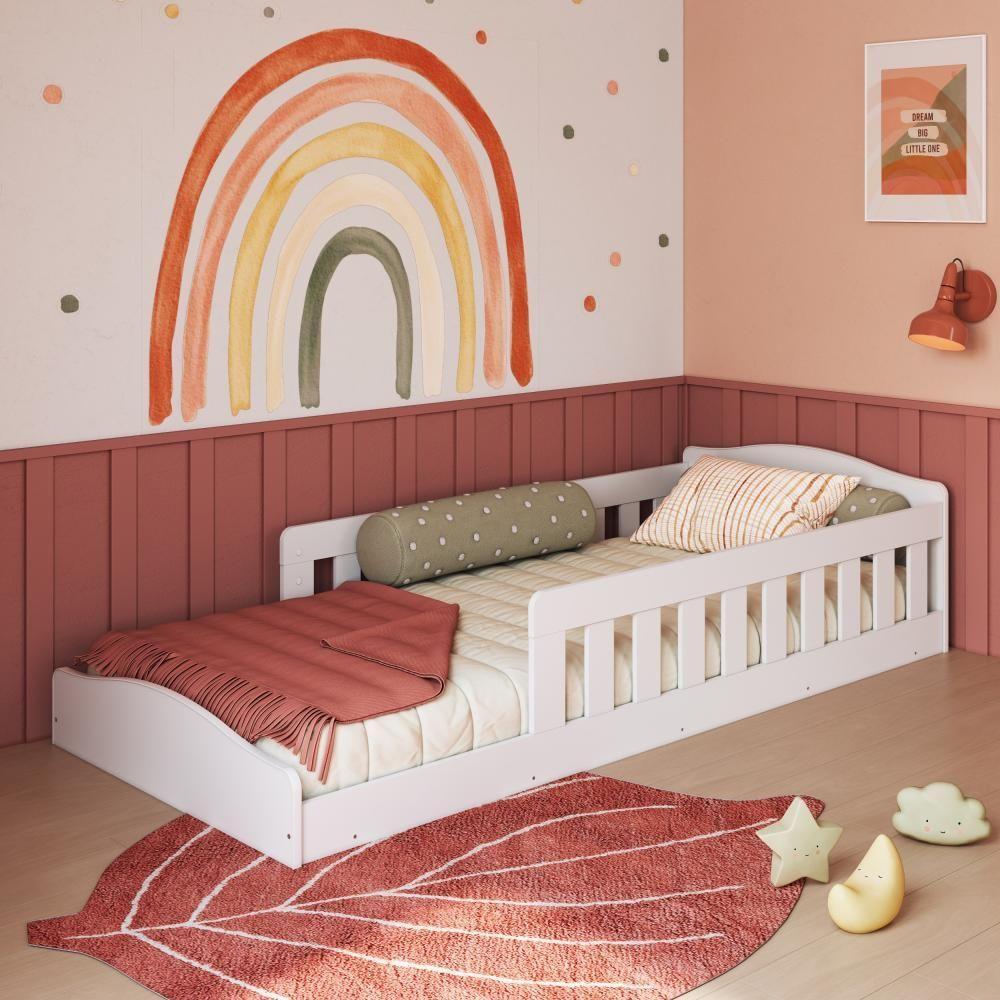 Cama Infantil De Chão Montessoriana De Solteiro Menino Menina Com Grade Proteção Branco - 1