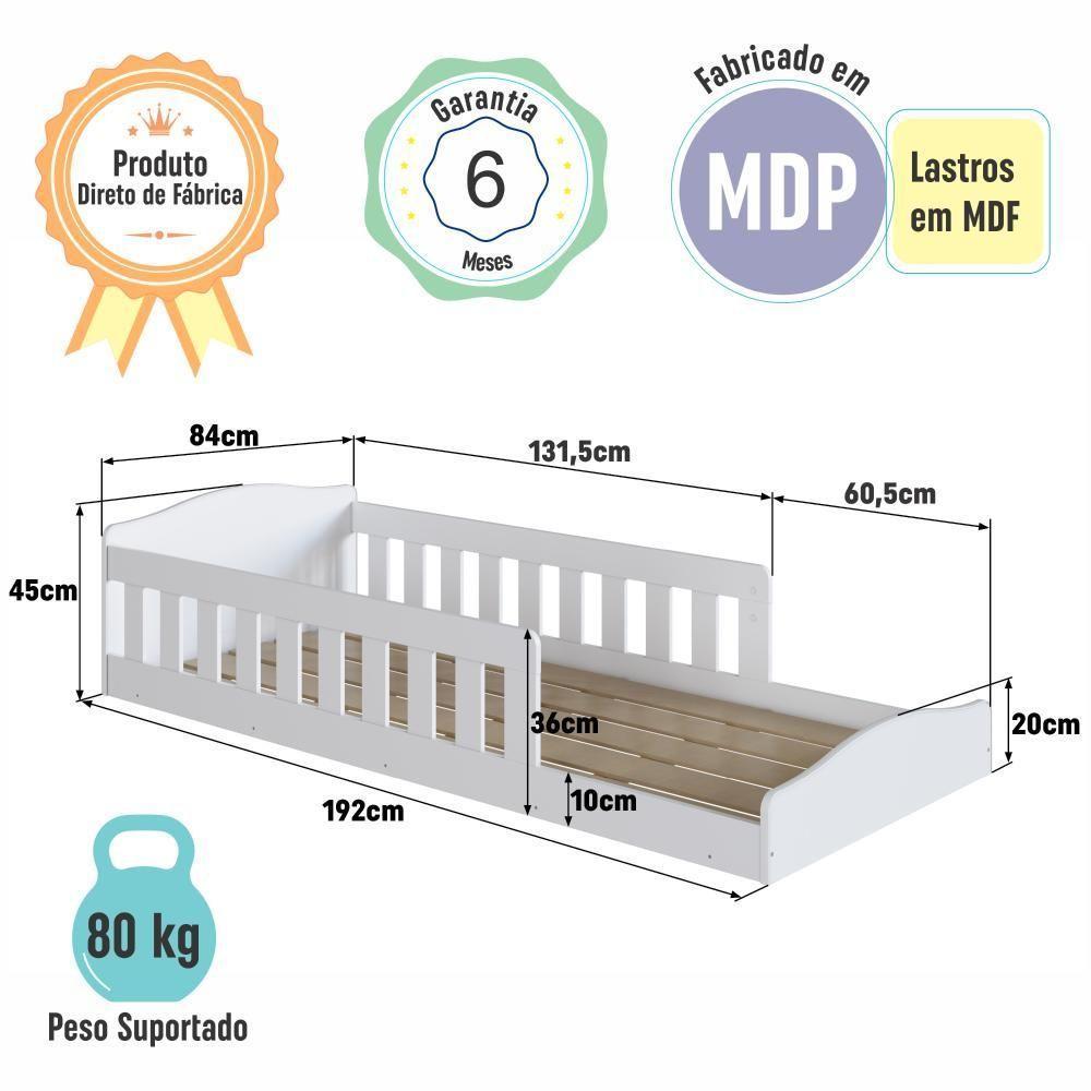 Cama Infantil De Chão Montessoriana De Solteiro Menino Menina Com Grade Proteção Branco - 5